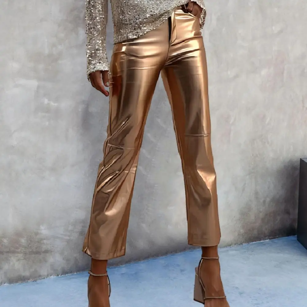 

Women Faux Leather Pants Glossy Smooth Surface Faux Leather Pockets Cropped Trousers Mid Waist Club Party Lady Ninth Pants