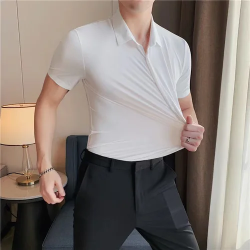 Imagen 1 del producto Camisa de manga corta ultraelástica para hombre, camisa de manga corta de Color sólido, informal, transpirable, elástica, resistente a la abrasión