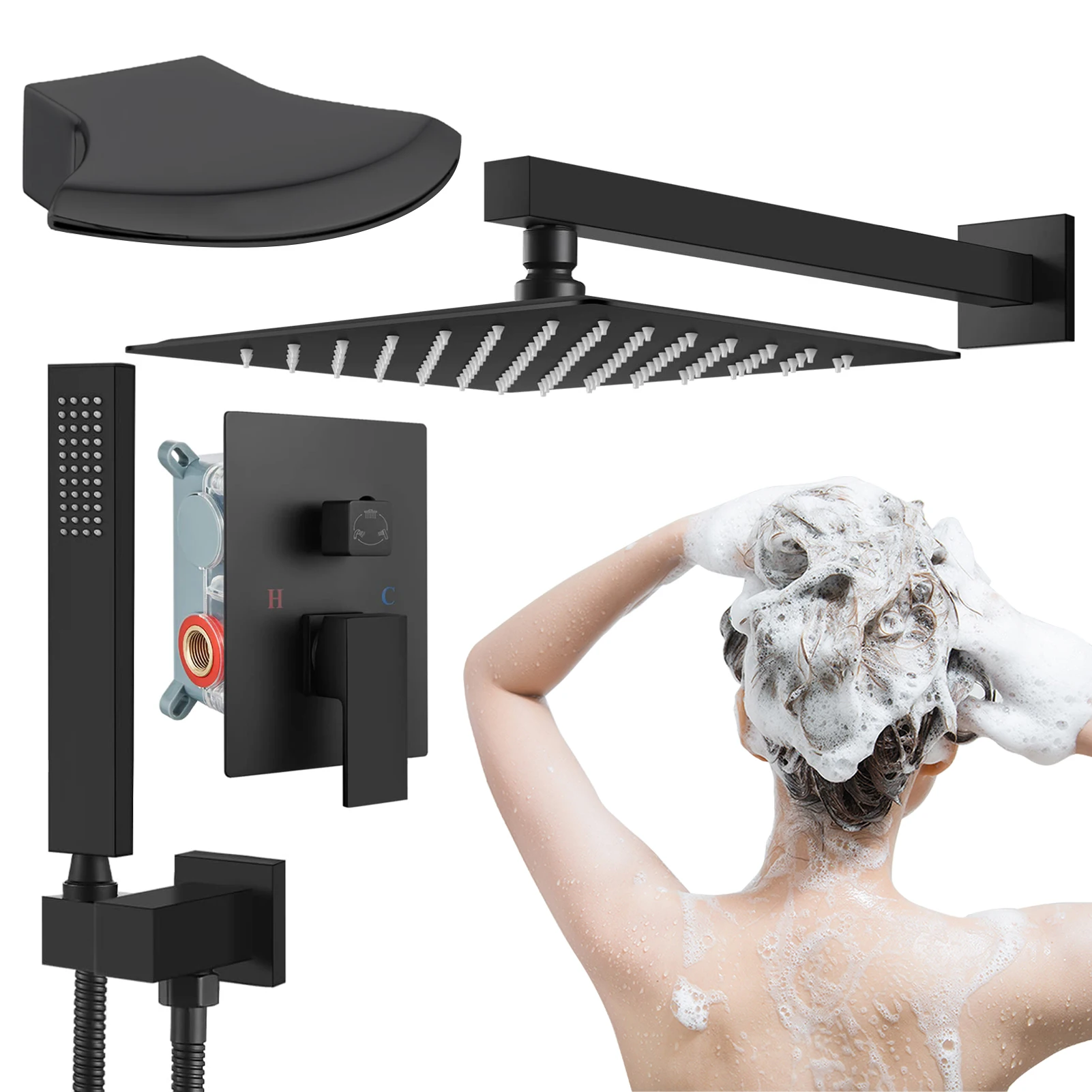 Perlengkapan pancuran mandi keran Shower, dengan selang Matte hitam, perlengkapan mandi genggam Kombo tinggi/sudut dapat disesuaikan