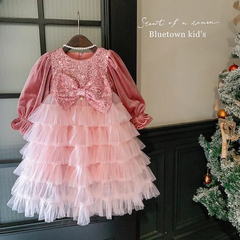 2024Girls Autumn and Winter Velvet Sequined Bow Gauze Fleece Puffy Cake Princess Dress