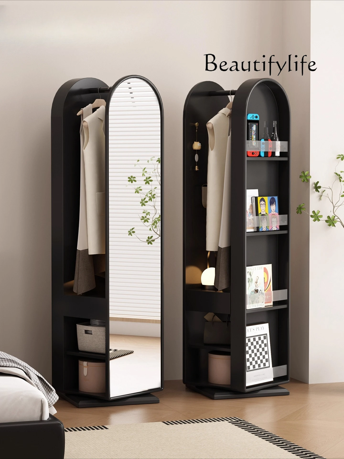 Rotating full-body mirror Floor mirror Household bedroom hanger integrated multi-functional book spaper rack full-length mirror