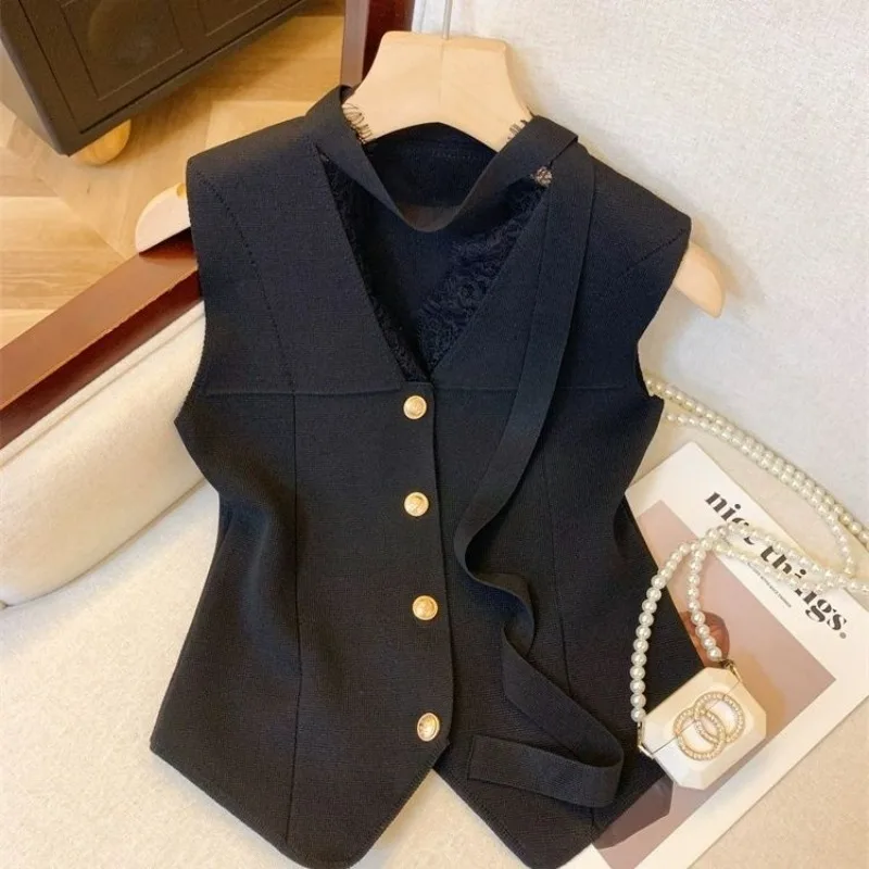 2024 Summer New French Style Commuter Temperament Elegant V-neck Lace Women's Vest Slim Fit Sleeveless Short Outfit Top