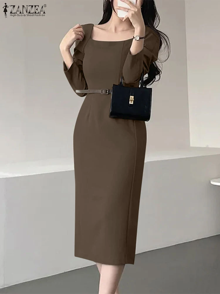 ZANZEA Elegancka damska dopasowana sukienka biurowa Lady z długim rękawem i kwadratowym dekoltem Party Vestidos 2025 Spring Solid Color Casual Long Robes