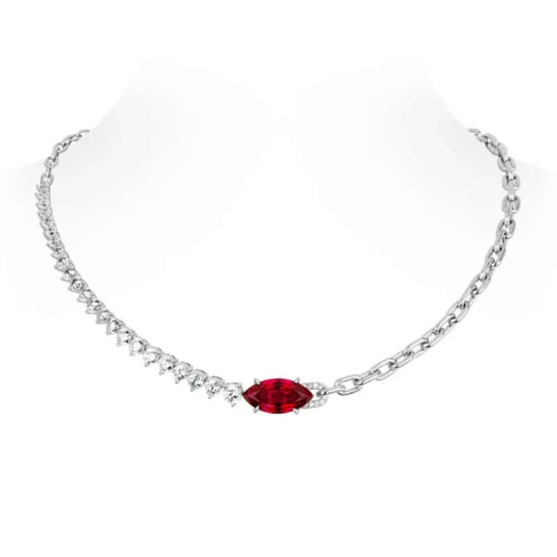 

BELLUX 925 Silver Gold Plated Asymmetric Necklace Marquise Cut Red Synthetic Zircon Punk Style Chain Necklace Party Jewelry