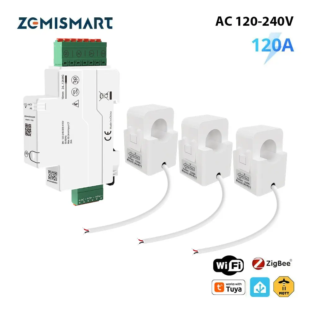 

Zemismart 120A Smart Din-rail Energy Meter Zigbee WiFi 3 Phase Power Monitor with Split-core CTs Home Assistant Zigbee2mqtt
