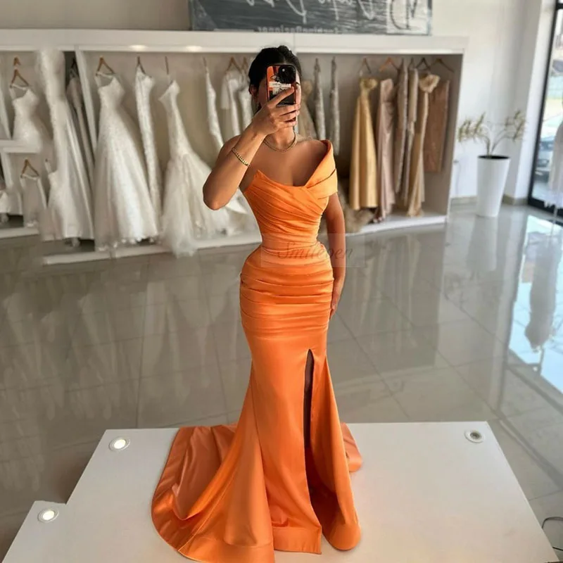 Smileven Orange Pleats Mermaid Evening Dress Slik Satin Prom Dresses robe de soirée Off The Shoulder Party Gowns 2024