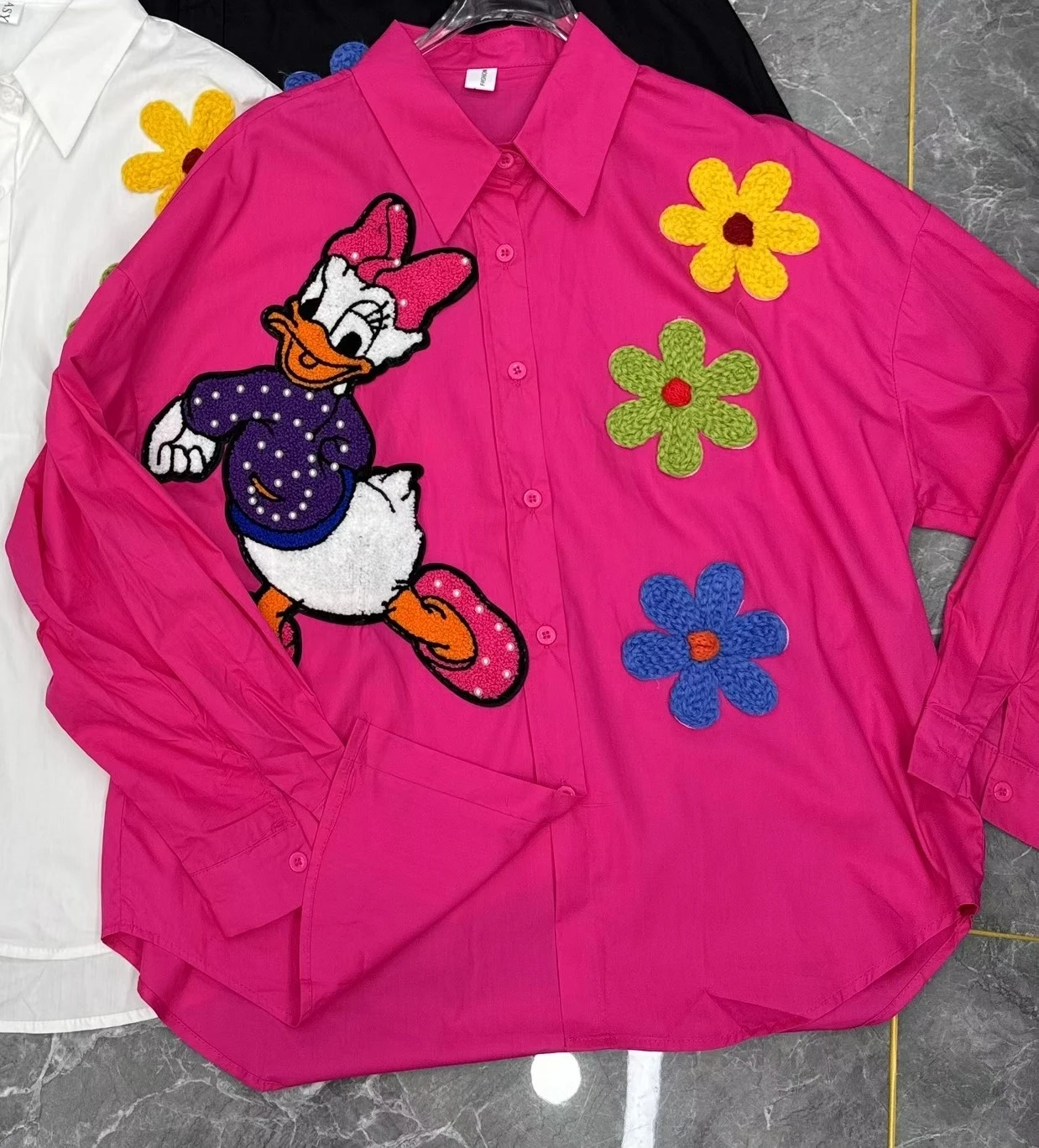 2025 Summer Loose Color Block Cartoon Top European Style Cartoon Duck Patch Embroidery Long Sleeve Shirt for Women