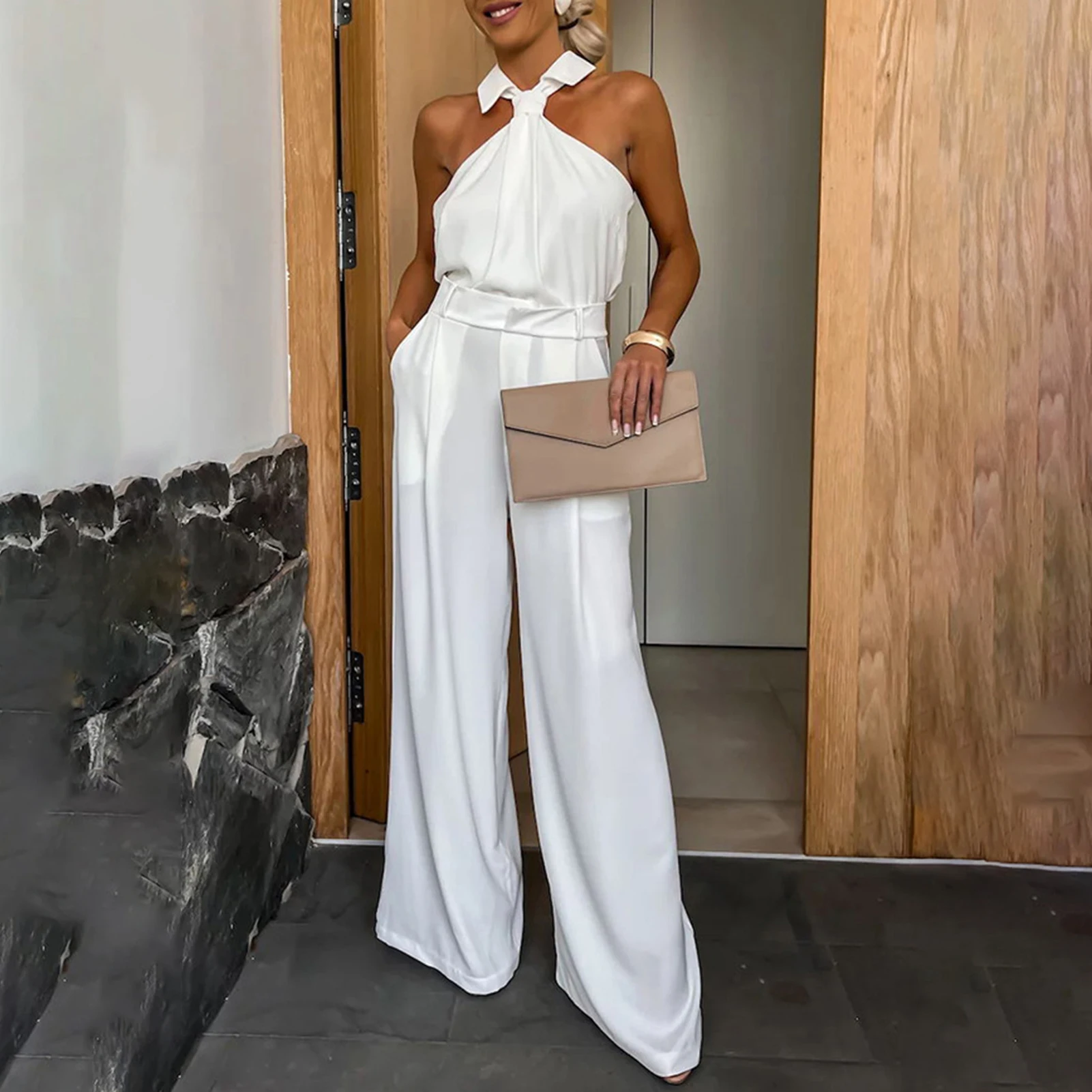 Elegante Overalls für Frauen 2023 Frühling neue schlichte elegante Bürodame lose geraffte kalte Schulter Saum weites Bein Overall Latzhose