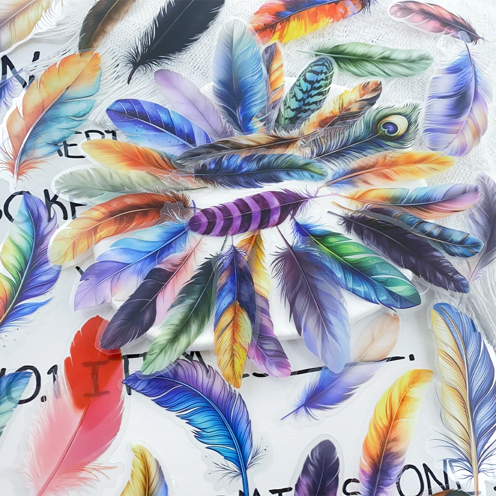 

50pcs Colorful Feather PET Stickers Decals For Phone Laptop Scrapbook Skateboard Guitar DIY Aesthetic Transparent Stickers