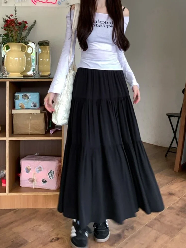

Maxi Skirts Women Sweet Solid Cute Lady Harajuku Empire Aesthetic Dating Pleated Preppy Style Soft Faldas Y2k Summer Streetwear