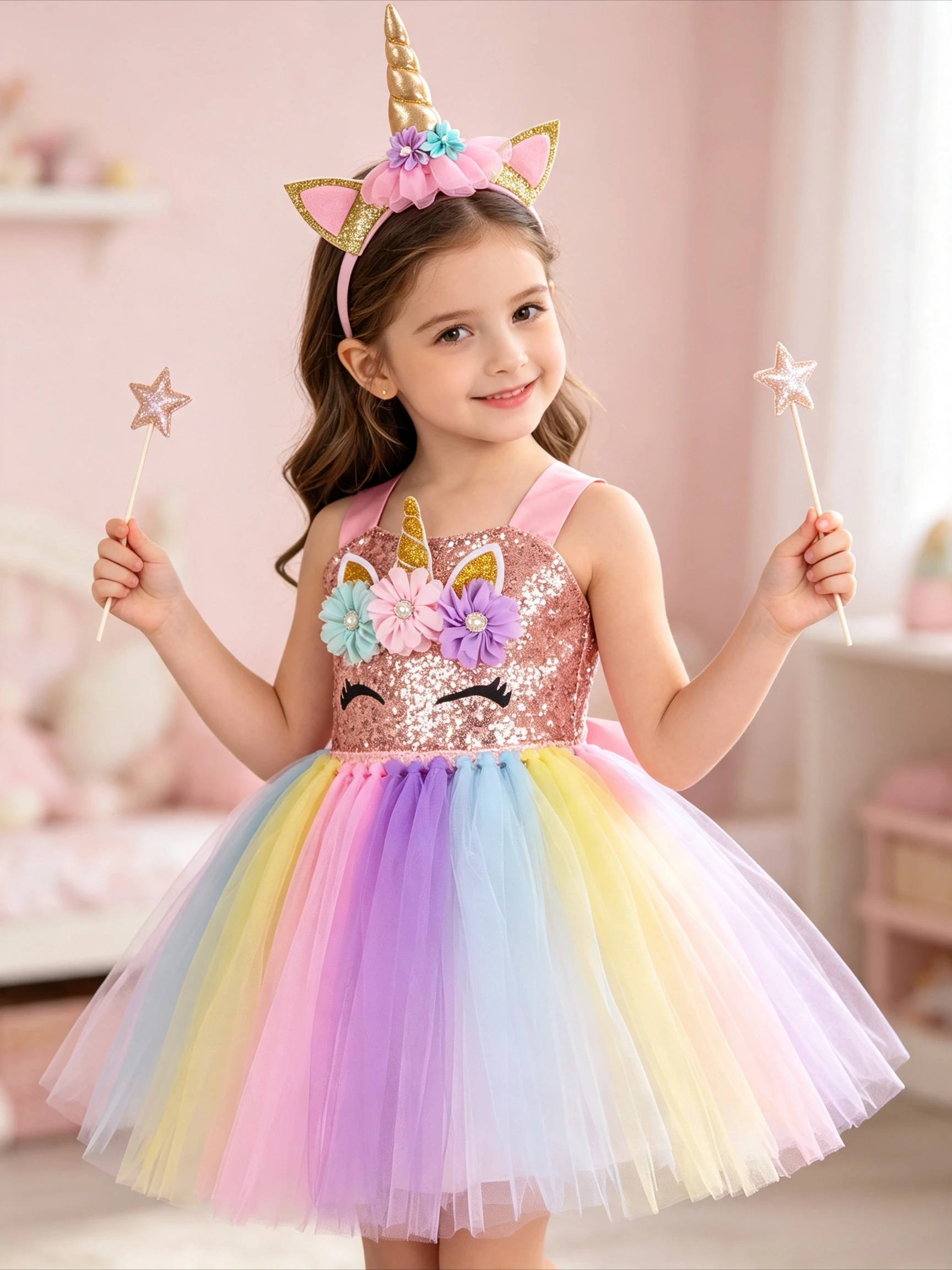 Halloween Pink Colorful Unicorn Tutu Dress Sequin Mesh Outfit Fluffy Layered Tulle Skirt Elegant Stage Performance Fashion Wear