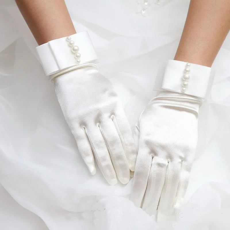 Guanti da dito in raso di etichetta da sposa accessori per abiti da sposa guanti di perle per foto guanti da sposa da studio