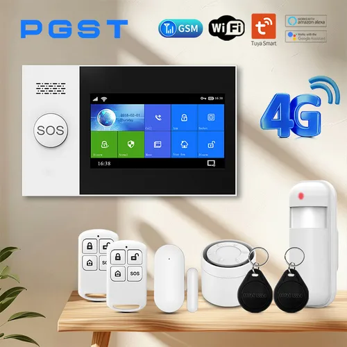 Imagen 1 del producto PGST PG-107 Sistema de alarma para el hogar inalámbrico 4G Sistema de seguridad WiFi con pantalla completamente táctil de 4,3 pulgadas, Compatible con Alexa y Google