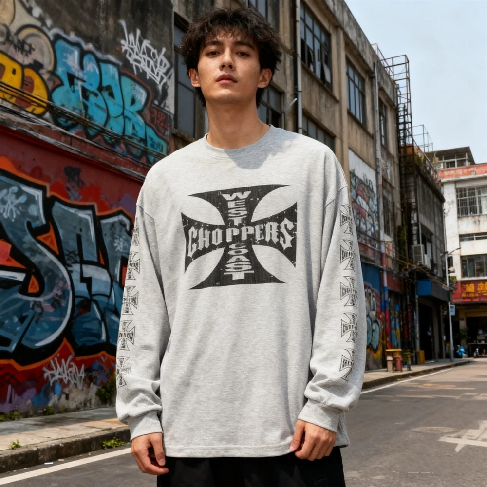 

KUCLUT Fashion 1:1 Waffle Fabric Streetwear Printed Long Sleeves Tee Oversize Tops Loose Casual Vintage T Shirt Men Woman