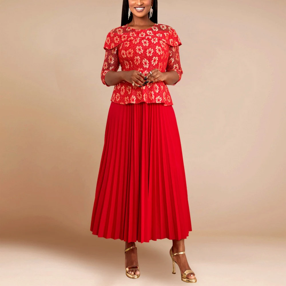 

Luxury Red Dresses for Woman O Neck Full Sleeve Lace Patchwork Pleated Ankle length Elegant Ladies Birthday Party Dinner Vestido