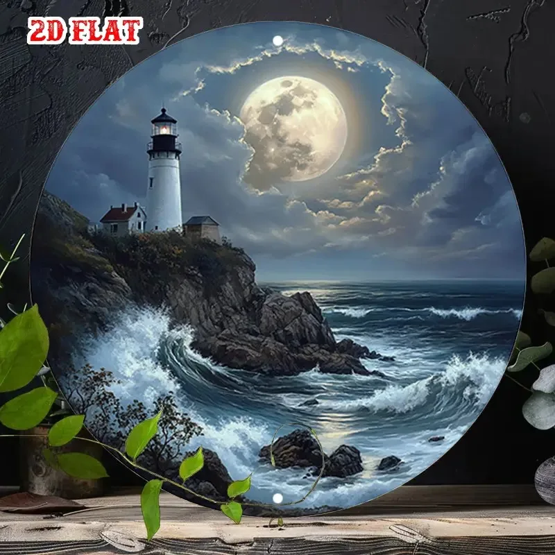 2D Flat,Round Metal Sign Depicting a Lighthouse Under a Full Moon by The Sea Designed in a Rustic Vintage Style