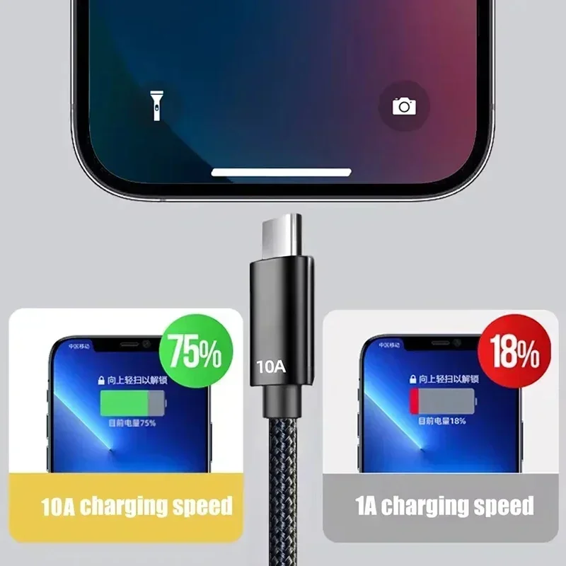 Câble de charge tressé Type C 10A 120W, cordon rapide à courant élevé, charge rapide, résistant à l'usure, câble de données stable, universel