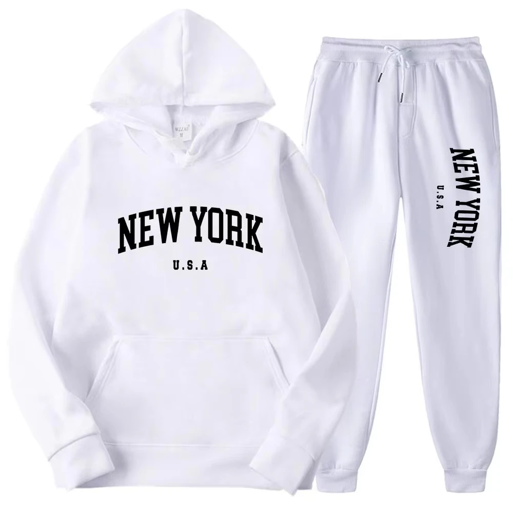 

New York Print Hoodies Casual American Style Hoodie Set Mens Autumn Long Sleeves Hooded Loose Pullover Sweatshirt Street
