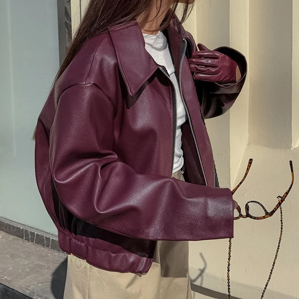 Wine Red Matte Leather Jacket Women Long Sleeve Lapel Zipper Thicken Motorcycle Style Coat Casual Autumn Winter Outerwear