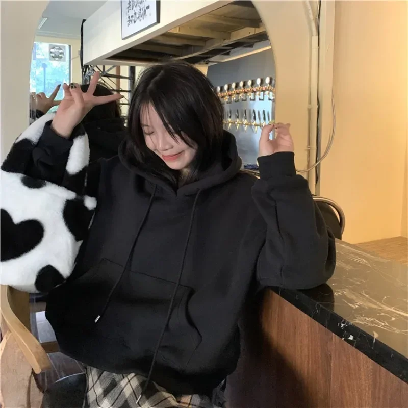 Korean Winter Women Solid Fleece Hoodies Clothing Long Sleeve Tops Loose Pocket Sweatshirt Female Casual Harajuku Pullover Y2k