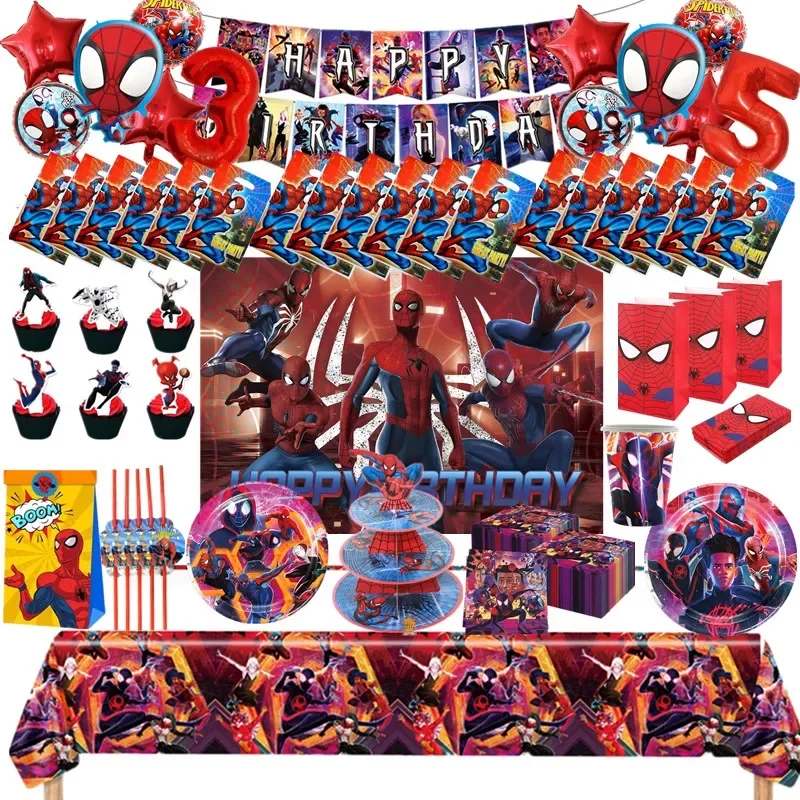 New Spiderman Theme Disposable Tableware Cup Plate Set Kids Birthday Party Gift Bag Tablecloth Cake Topper Baby Shower Supplies