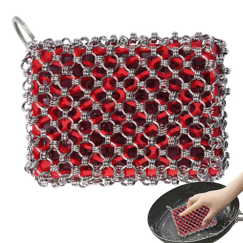 Stainless Steel Chain Mail Scrubber Stainless Steel Kitchen Pan Scrubber Cast Iron Cleaning Tool Metal Pan Scrubber For Grill