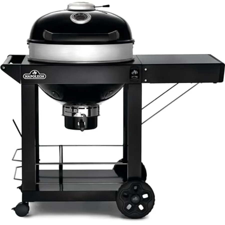 

Charcoal Kettle Grill for outdoor cooking, porcelain-enameled black lid and bowl, chrome-plated cooking grid, folding cart incl