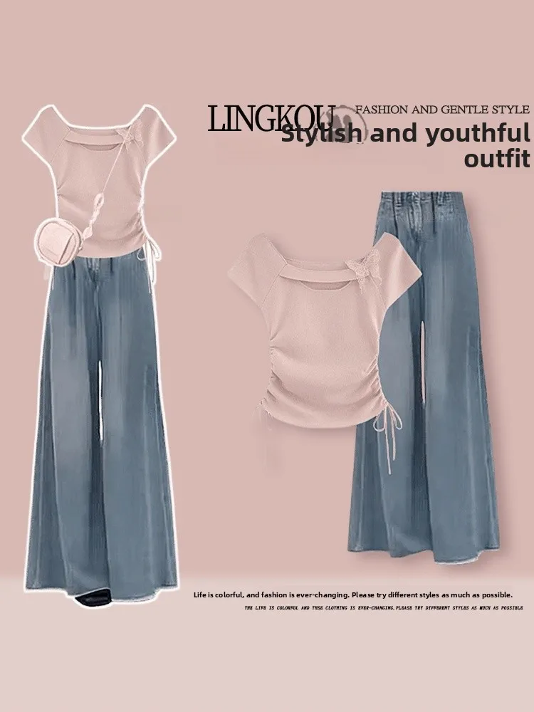 

Large Size Casual Denim Set Women Summer High Waist Drawstring Top Ageless Two Piece Suit Soft Maturity Fashionable round Neck