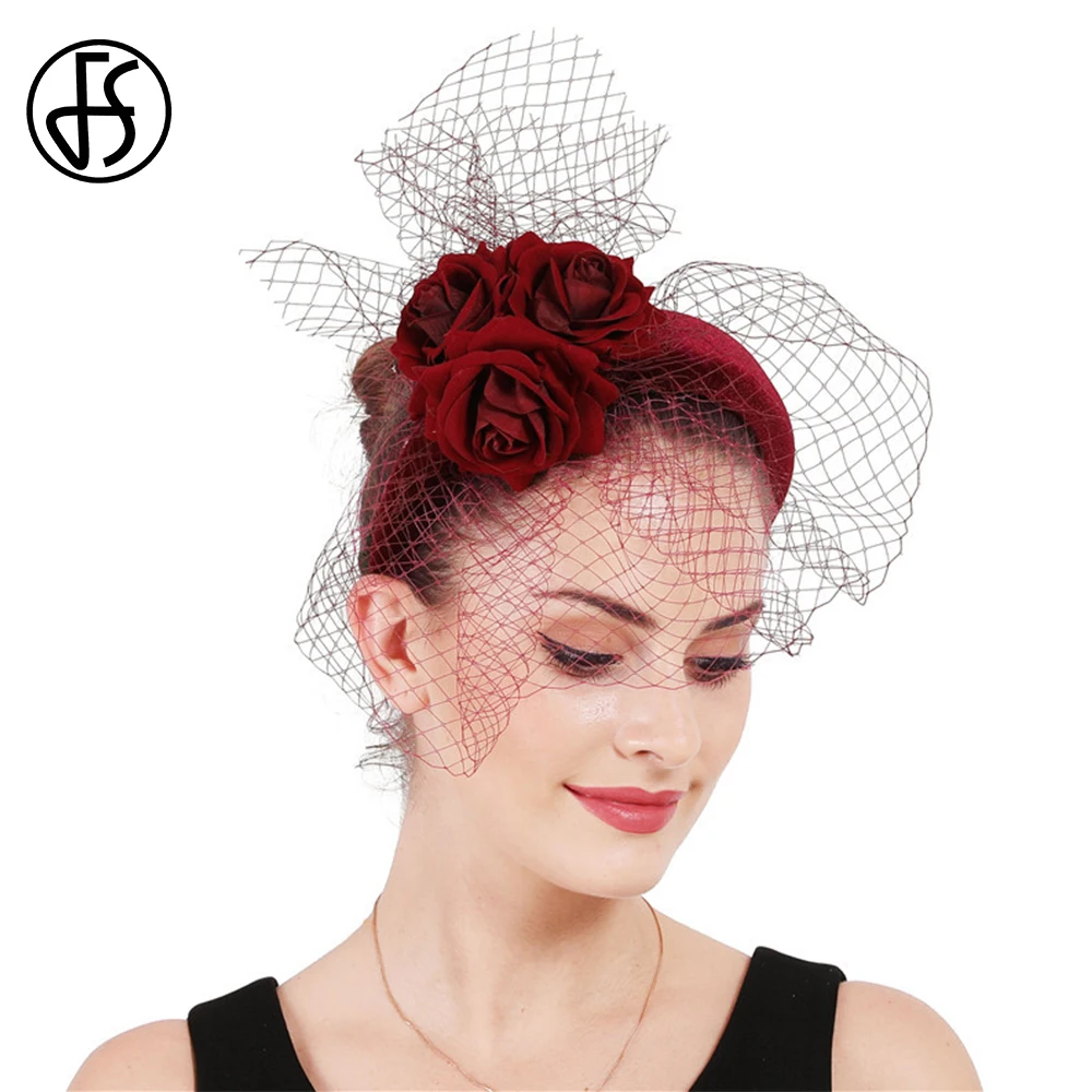 FS Lady Fascinator Flower Headband British Top Hat Cocktail Tea Party Headwear with Veil and Feather for Women Wedding Hair Hoop