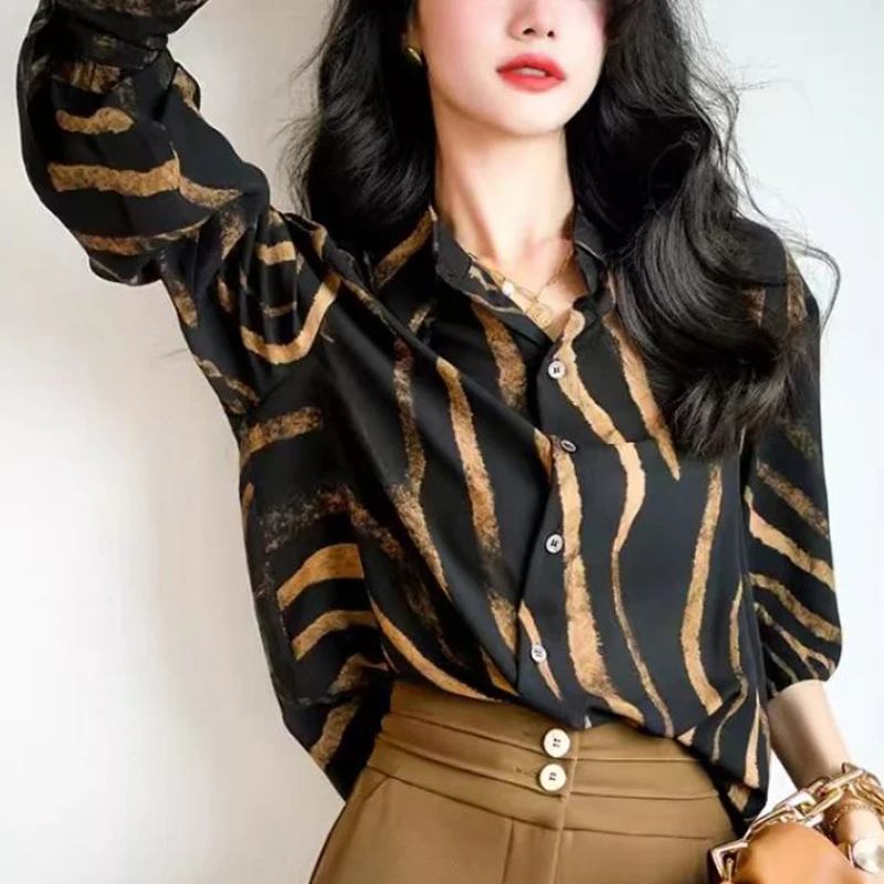 

2023 Long Sleeve Striped Satin Blouse Office Vintage Fashion Women Shirt Lapel Tops Lady Casual Loose Clothes Blusa Mujer 29186