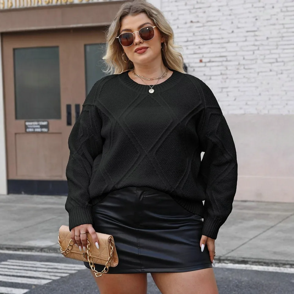 

Женский свитер большого размера с цветочной вышивкой, свободный повседневный зимний трикотаж с открытыми плечами и ромбовидным узором Street Sle