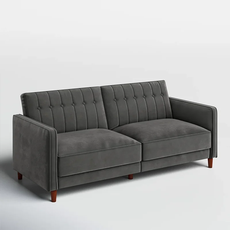 # American Vintage Velvet Tufted Convertible Sofa Bed Lounge Couch with Upholstered Backrest and Solid Wood Legs