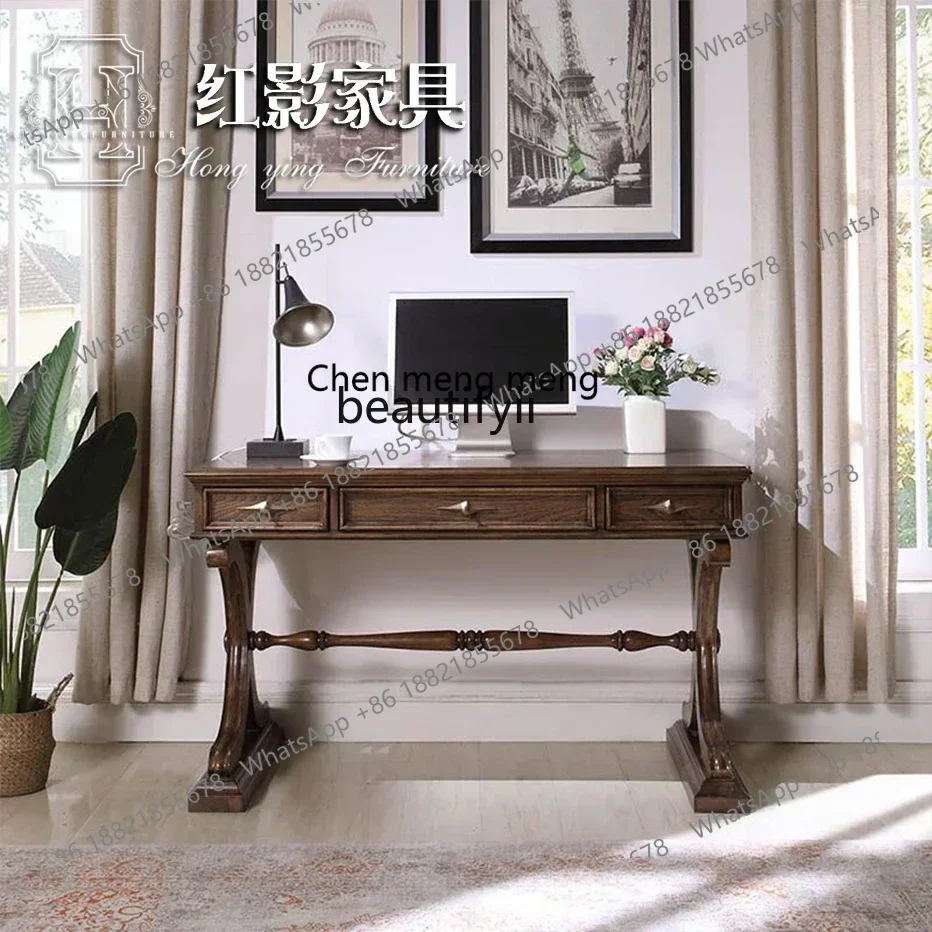 ss7486 American simple solid wood retro desk European carved home desk modern computer desk study New Light Luxury