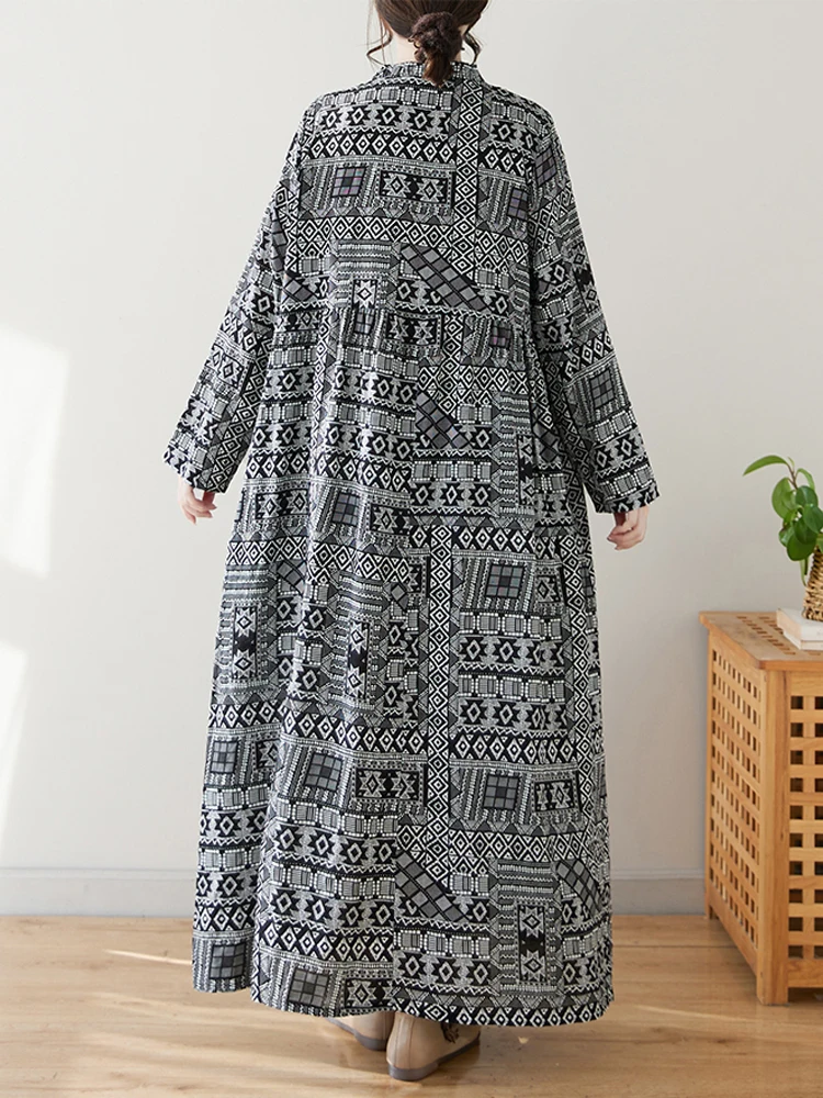 NYFS 2025 فستان طويل عتيق جديد لربيع وصيف فضفاض بأكمام طويلة مطبوع فستان نسائي رداء Elbise