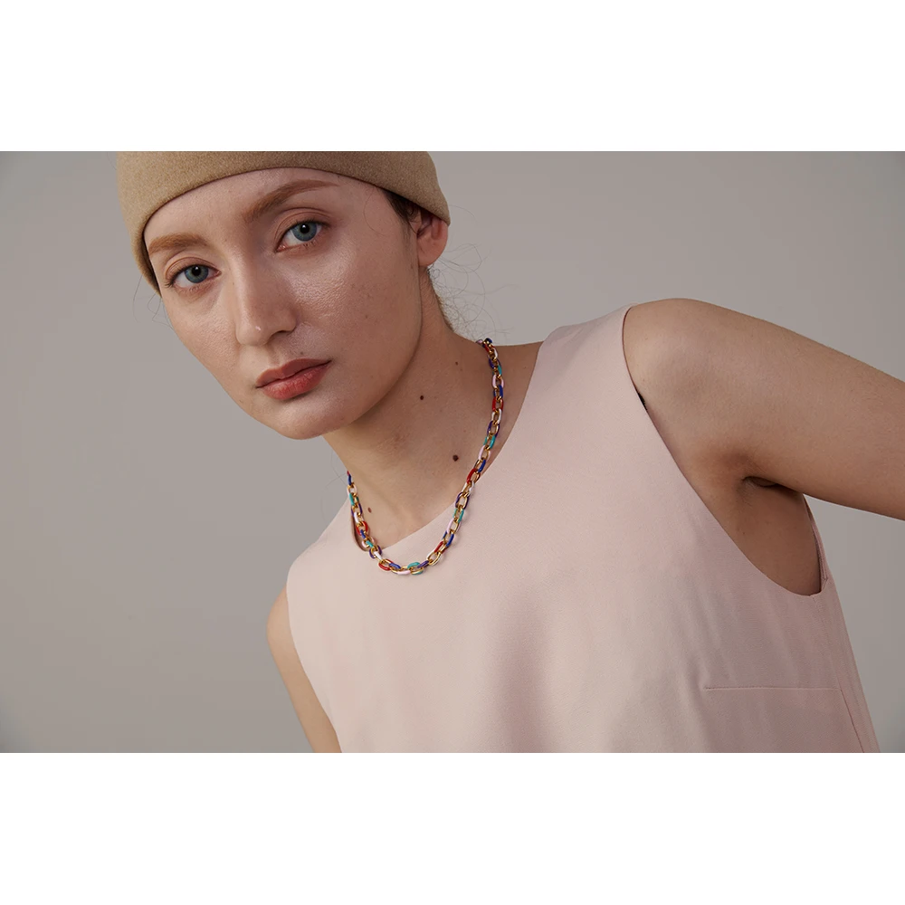 Yhpup Rainbow Enamel Chain Necklace Bracelet Set 316L Stainless Steel 18 K PVD Plated Set Waterproof Jewelry Y2K Party Gift