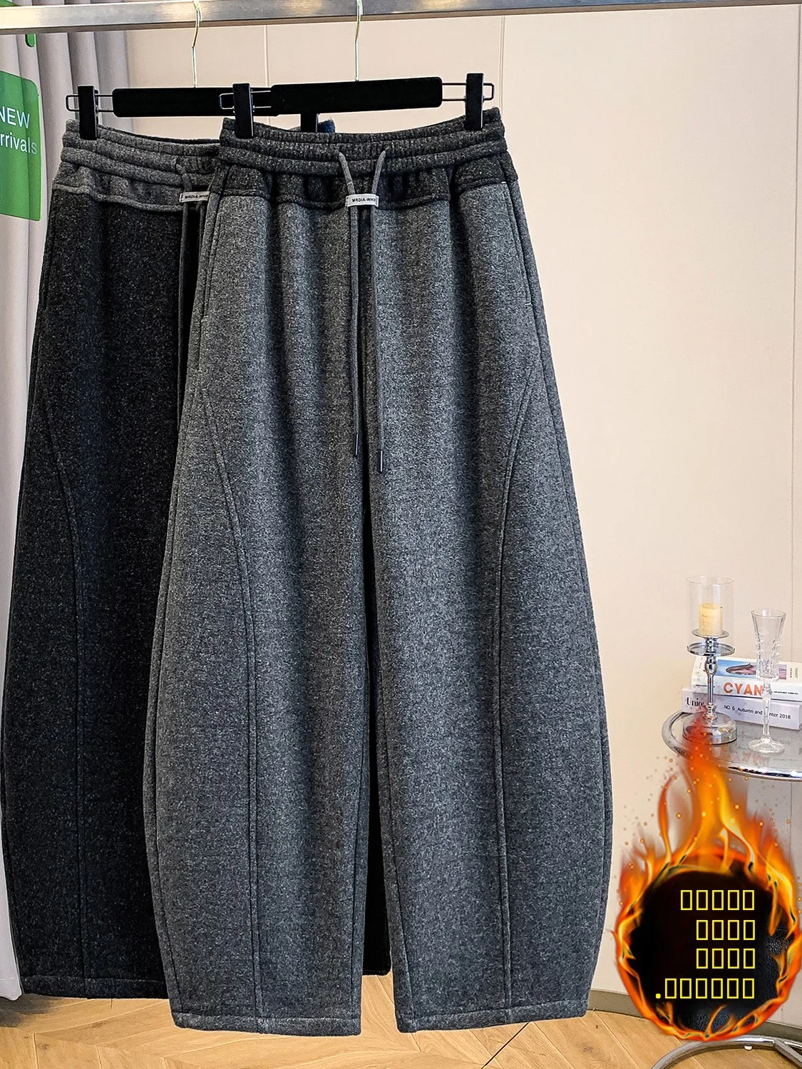 

High Waist Elastic Fleece Lined Woolen Trousers Casual Loose Fit Warm Winter Pants Vintage Lazy Style Drawstring Knife