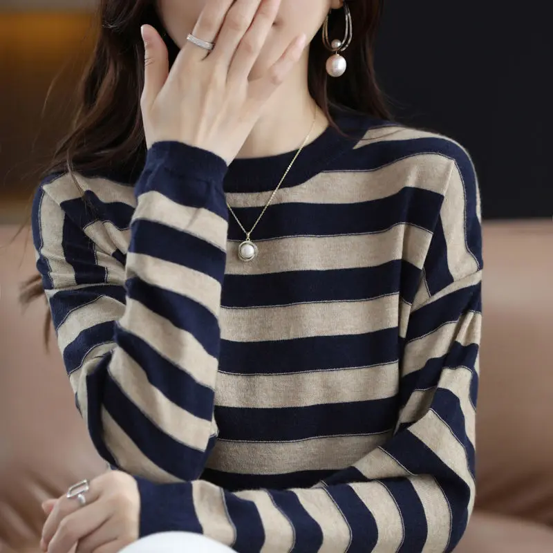 2022 Autumn Winter Korean Simple Striped Soft Basic Knitwear Jumpers Women Casual Round Neck Long Sleeve Pullover Tops Clothing