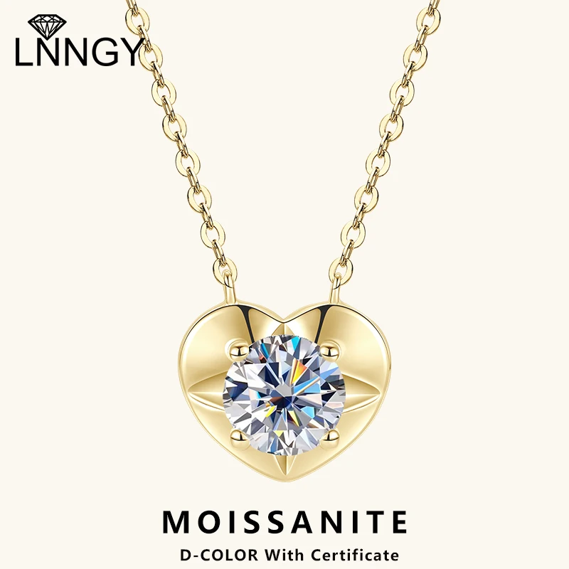 

Lnngy 925 Sterling Silver Heart Shape Pendant Necklaces Certified 1.0CT Round Moissanite Necklace for Valentine's Day Jewelry