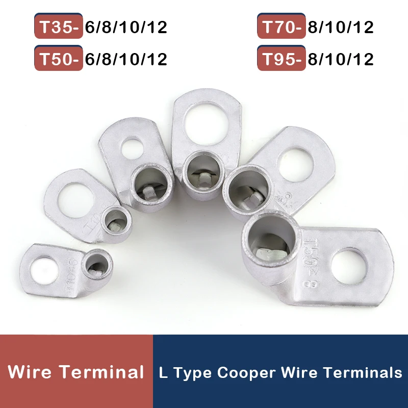 

1~50pcs Wire Terminal 90 Degree Bend Nose L-type Right Angle T35/50/70/95-6/8/10/12 Tinned Copper Crimp Cable Lugs Connector