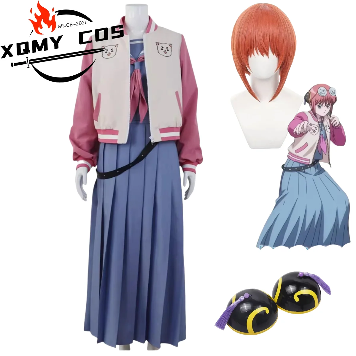 

XQAnime Gintama Kagura Leader Cosplay Costume Baseball Jacket JK Uniform Skirt Wig Headwear Woman Cute Daily Sailor Suit