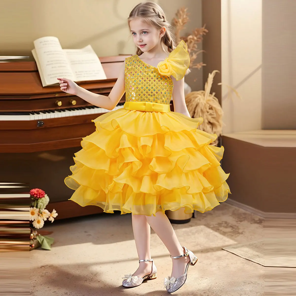 HETISO Flower Girls Elegant Party Dress Graduation Ball Gown Children's Pageant Layered Dance Dress for Ages 4-12