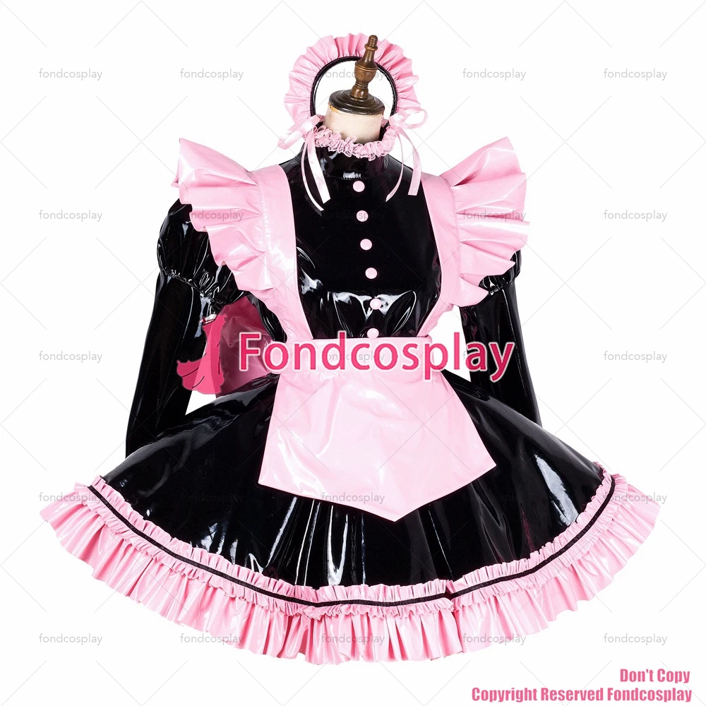 Fondcosplay adulto sexy cross dressing sissy maid bloccabile nero pesante PVC vinile vestito uniforme rosa grembiule CD/TV[G1797]