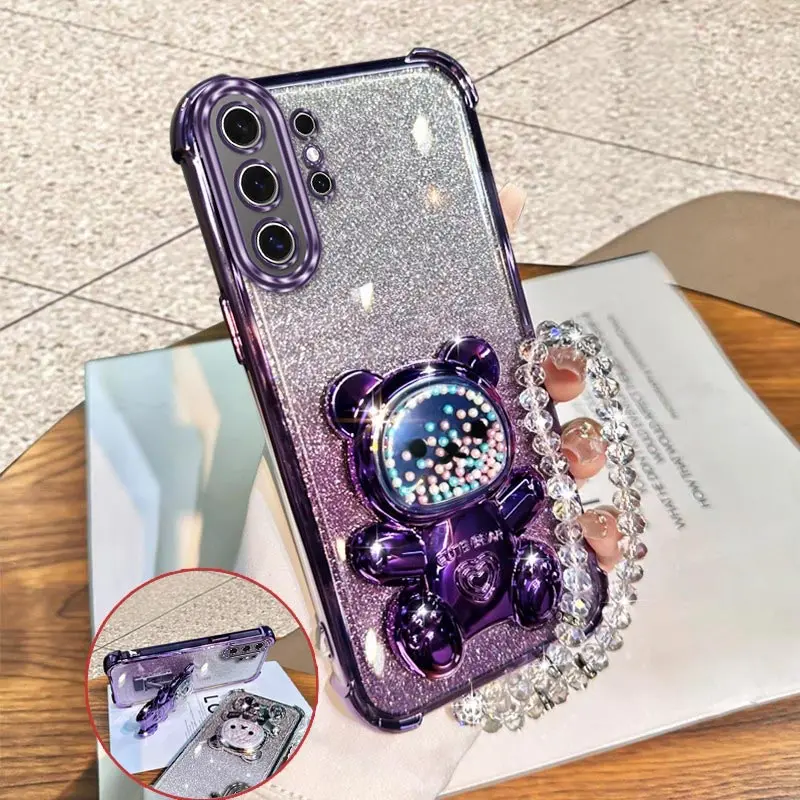 S26 Ultra  Pretty Bear Bracket Lanyard Plating Phone Case For Samsung S23FE S25 S23Ultra S25Ultra S24FE S23Plus S20 S21FE Cover
