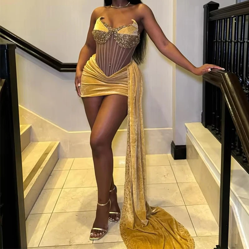 Magnifique robe de soirée en velours avec accents de strass, Corset transparent, longue drapée sur le côté, robe de bal, robe de Cocktail Sexy, robe de soirée