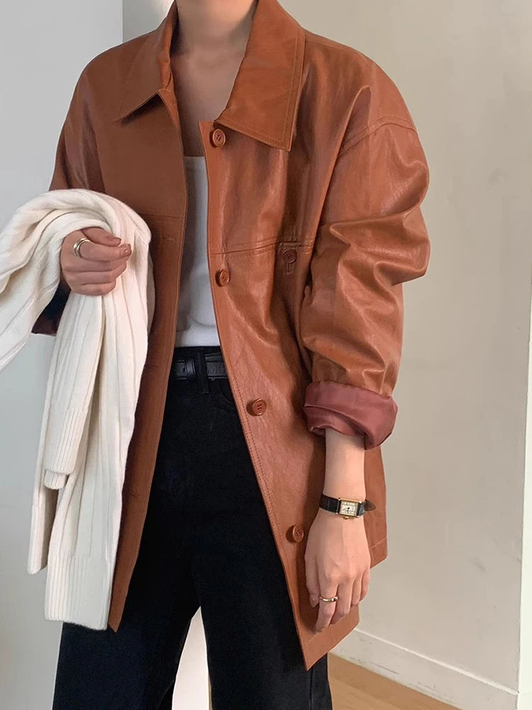 Chic Vintage Sle Double Row Button Loose PU Leather Jaet Motorcycle Clothes Outerwear for Women Autumn New Arrival