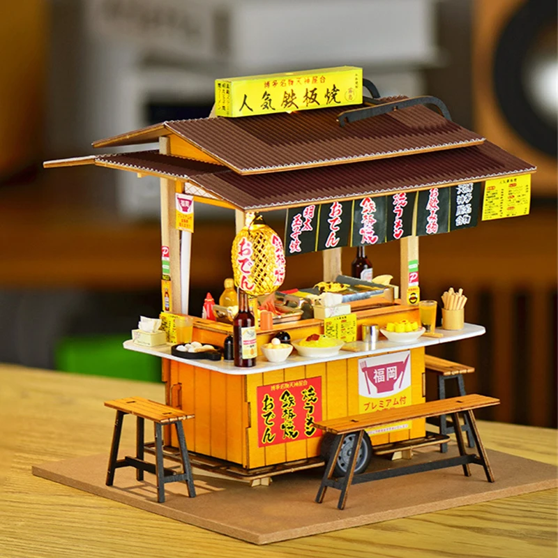 DIY บ้านตุ๊กตาไม้ญี่ปุ่น Yatai-Teppanyaki Store Miniature ชุดตุ๊กตาเฟอร์นิเจอร์สําหรับของขวัญวันเกิดเพื่อน