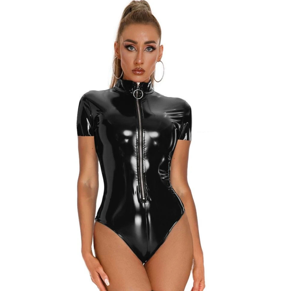 Sexy Patent Leather Bodysuit Zipper Uniform Women's Sleepwear Pure Desire Rompers Fashion Body Suits for Ladies