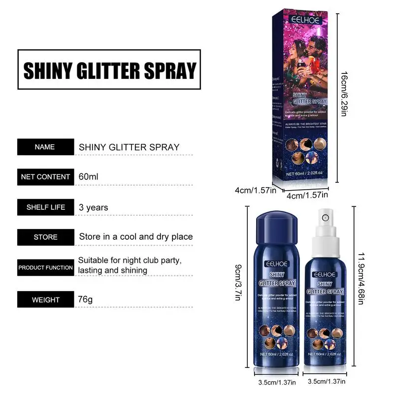 60Ml Glanzende Glitter Spray Halloween Party Glitter Spray Gladde Glinsterende Body Spray Voor Prom Dresses Sparkle Body Hair Gloss