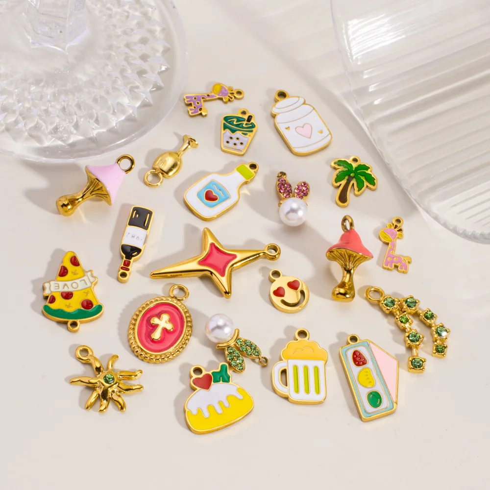 3PCS Stainless Steel 17Style Cute Cartoon Rabbit Sandwich Mushroom Dripping Oil Zircon Pendant DIY Necklace Bracelet Jewelry