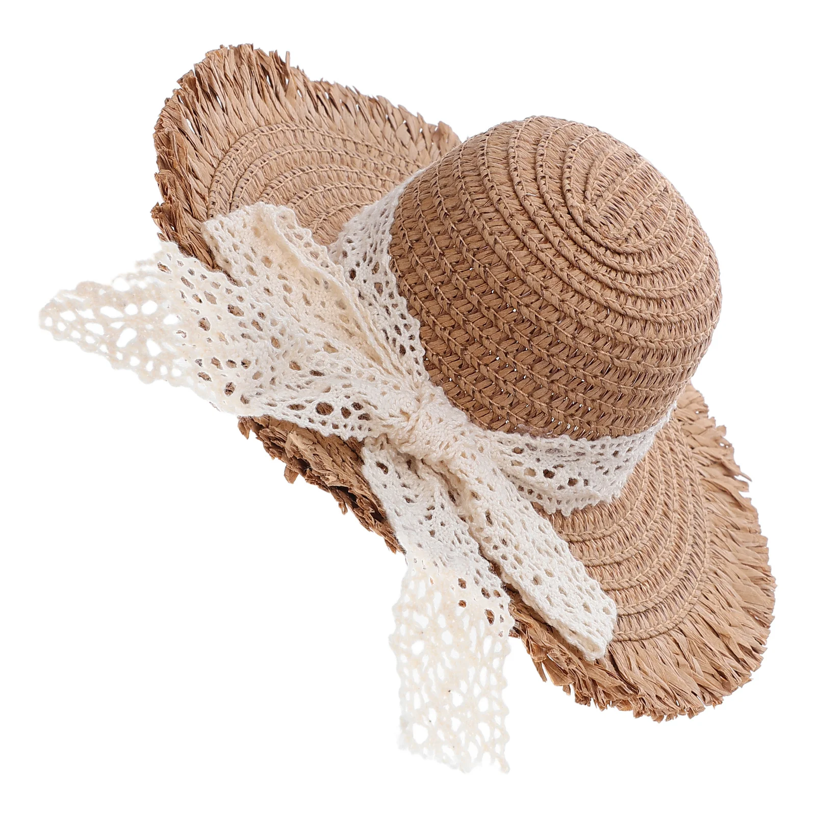Mini cappelli di paglia Simpatico berretto con nastro in pizzo Decorazione Accessori artigianali Cappello di paglia piccolo in miniatura per feste in casa delle bambole